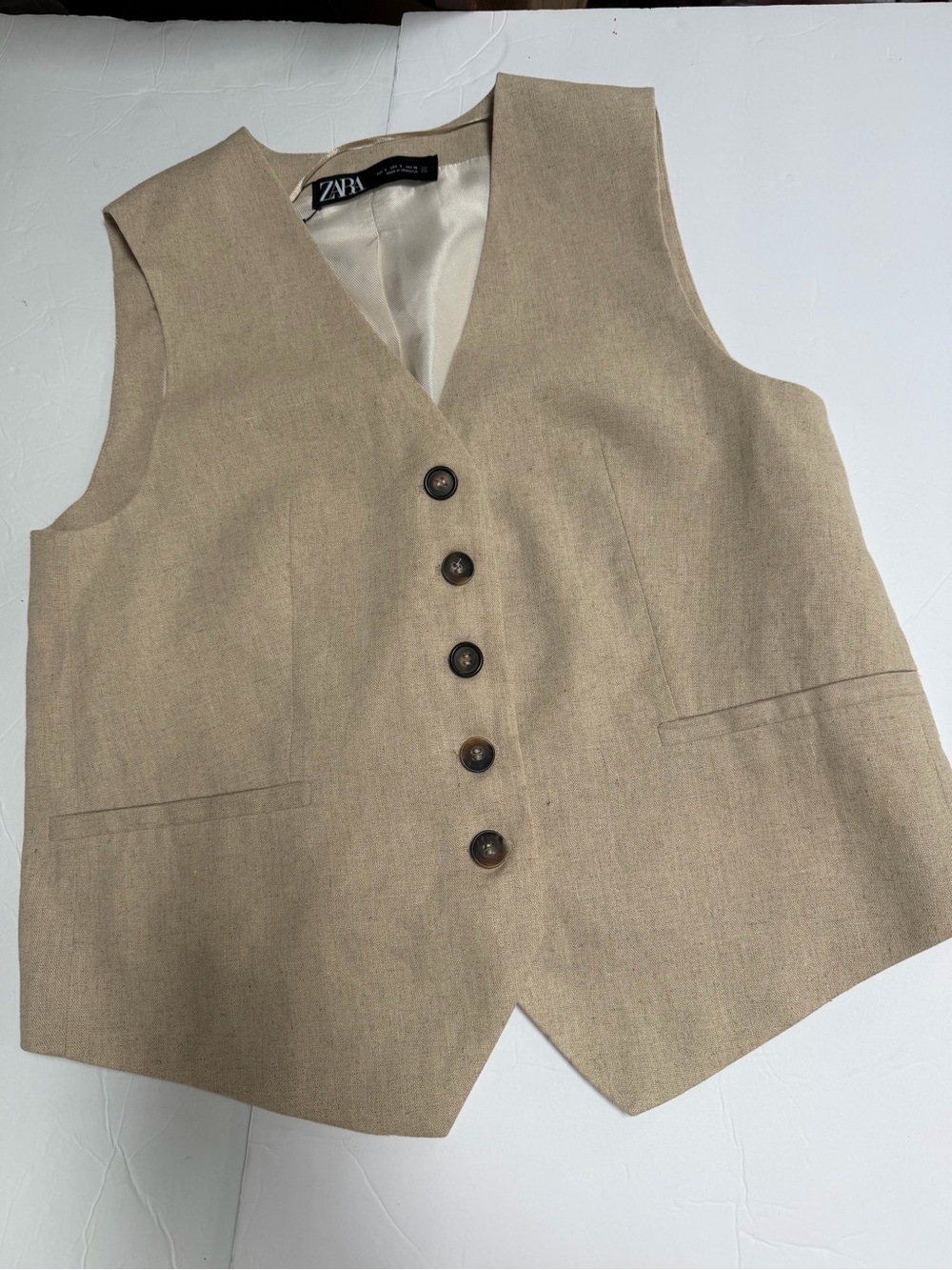 Zara Beige Buttoned Vest Women’s Size Small Linen Blend - Picture 10 of 16